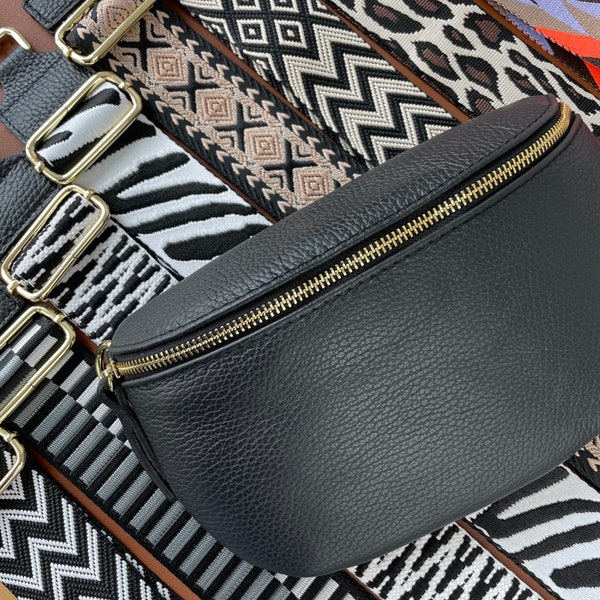 Schwarze Bauchtasche mit Gold Reißverschluss für Frauen, Leder Schultertasche, Crossbody Tasche Gürteltasche mit Riemen