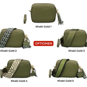 Leren crossbodytas met extra riem, GOUDEN ritssluiting, leren schoudertas, alledaagse tas, heuptasje en riem met patroon Khaki