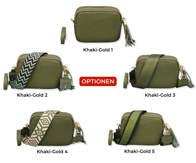 Leren crossbodytas met extra riem, GOUDEN ritssluiting, leren schoudertas, alledaagse tas, heuptasje en riem met patroon Khaki