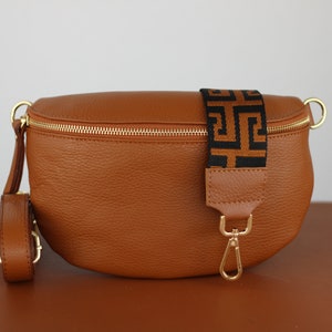 Cognac Brown Belly Bag Leather with Gold Zipper for Women, Leather Shoulder Bag, Crossbody Bag Belt Bag with Strap image 7