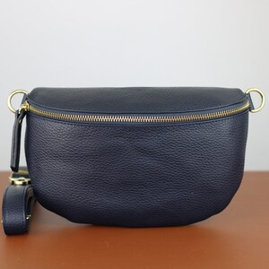 Navy Blue Belly Medium Size Bag with Gold Zipper for Women, Leather Shoulder Bag, Crossbody Bag Belt Bag with Strap Option-1