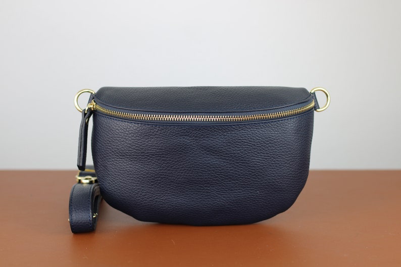 Navy Blue Belly Medium Size Bag with Gold Zipper for Women, Leather Shoulder Bag, Crossbody Bag Belt Bag with Strap Option-1