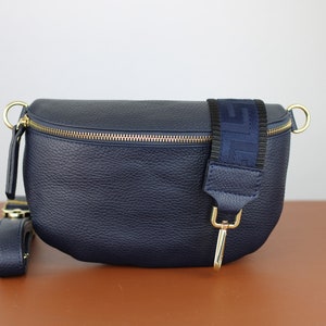 Navy Blue Belly Medium Size Bag with Gold Zipper for Women, Leather Shoulder Bag, Crossbody Bag Belt Bag with Strap Option-5