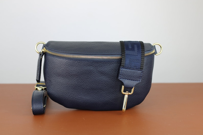 Navy Blue Belly Medium Size Bag with Gold Zipper for Women, Leather Shoulder Bag, Crossbody Bag Belt Bag with Strap Option-5