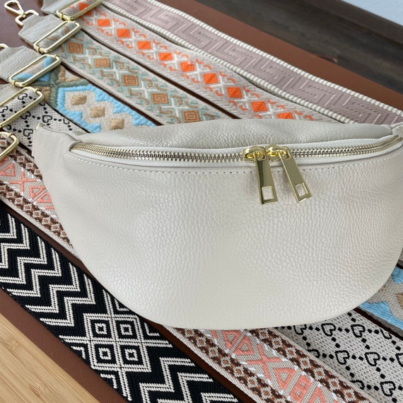 White Waist Bag for Women With Leather Belt and Patterned 