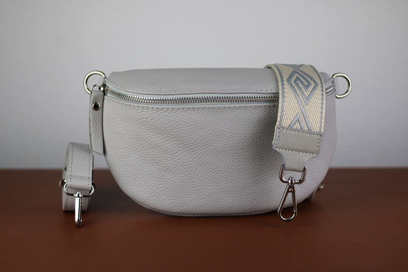 Sac à bandoulière en cuir pour femme gris clair extra avec fermeture éclair argentée, sac de ventre avec sangle, sac à bandoulière en cuir véritable, cadeau pour elle Option-4