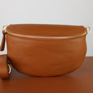 Cognac Brown Belly Bag Leather with Gold Zipper for Women, Leather Shoulder Bag, Crossbody Bag Belt Bag with Strap image 3