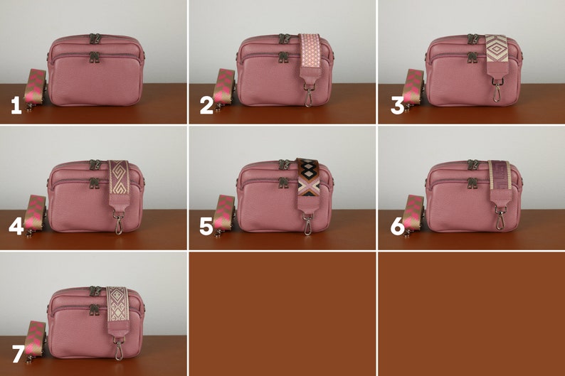 Leder Crossbody Bag mit extra Gurt, Leder Umhängetasche, Alltagstasche, Fanny Pack und gemusterten Gürtel, Orange, Pink. Weiss, Grün Bild 8