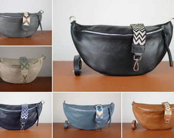 Buiktas XL met zilveren rits damesleer, grotere leren schoudertas Crossbody tas heuptas met LEDEREN BAND, cadeau voor haar