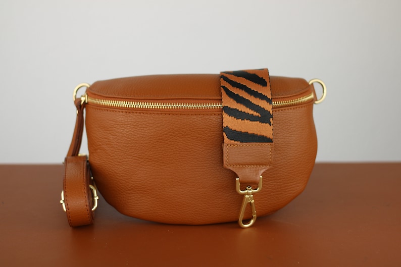 Cognac Brown Belly Bag Leather with Gold Zipper for Women, Leather Shoulder Bag, Crossbody Bag Belt Bag with Strap image 4