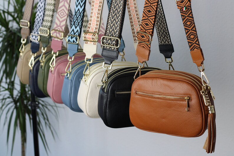 Leren crossbodytas met extra riem, GOUDEN ritssluiting, leren schoudertas, alledaagse tas, heuptasje en riem met patroon afbeelding 1