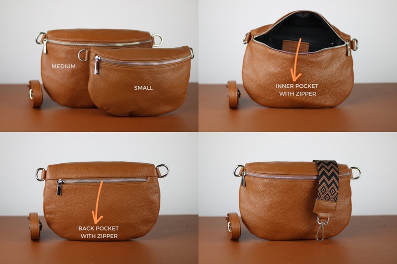 Medium Size Belly Bag Leather for Women, Silver Zippered Pockets, with 2 Straps, Leather Shoulder Bag, Crossbody Bag Belt Bag, gift for her image 10