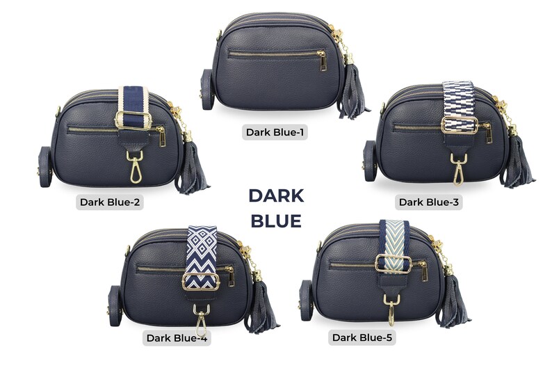 Bolso bandolera de piel con correa extra, cremallera ORO, bolso de hombro de piel, bolso de diario, riñonera y cinturón estampado Dark Blue