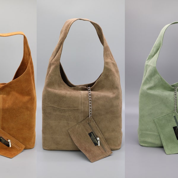 Suede Leather Shopper Bag, wilde leren schoudertas, grote buideltas, boodschappentas, draagtas met veel ruimte