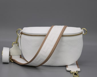 Weiße Leder Bauchtasche für Frauen mit Gold-Hardwares, Leder Schultertasche, Crossbody Bag Gürteltasche mit Gurt, Geschenk für Sie