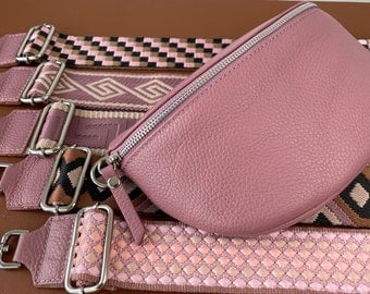 Oudroze buiktas leer met zilveren rits voor dames, leren schoudertas, crossbody tas heuptas met riem