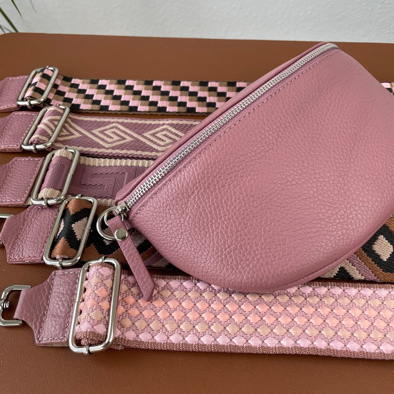 Medium Size Dusky Pink Belly Bag Leather with Silver Zipper for Women, Leather Shoulder Bag, Crossbody Bag Belt Bag with Strap