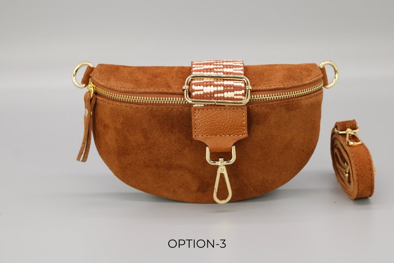 Wildleder Cognac Braune Bauchtasche für Frauen mit Gold Reißverschluss, Bauchtasche mit Riemen, Echtes Leder Umhängetasche, Geschenk für sie Option-3