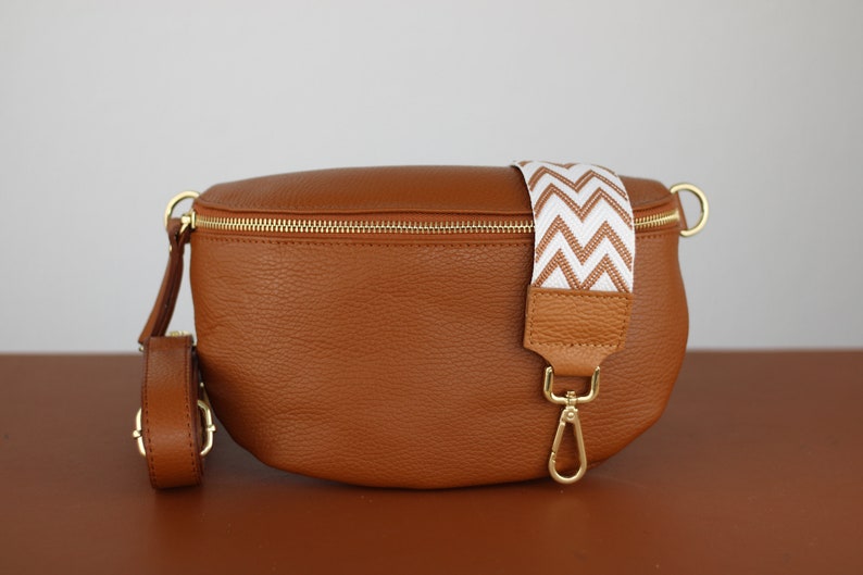 Cognac Brown Belly Bag Leather with Gold Zipper for Women, Leather Shoulder Bag, Crossbody Bag Belt Bag with Strap image 5