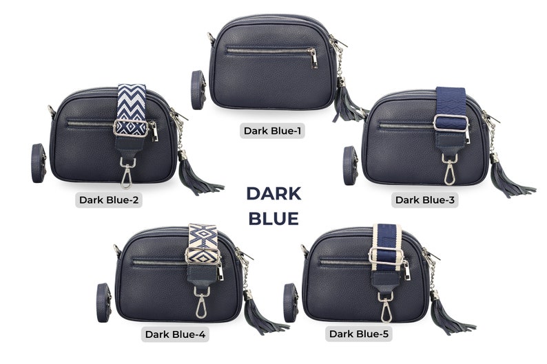 Sac à bandoulière en cuir avec bandoulière supplémentaire, fermeture éclair argentée, sac à bandoulière en cuir, sac de tous les jours, sac banane et ceinture à motifs Dark Blue