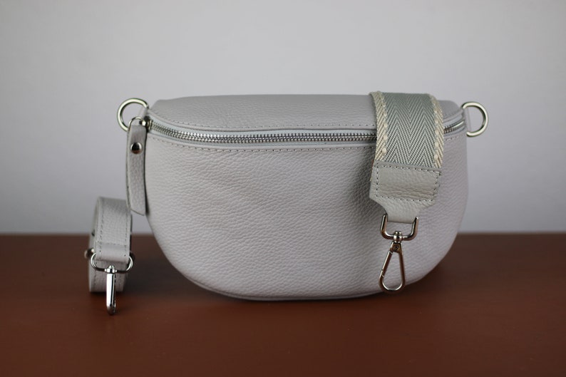 Sac à bandoulière en cuir pour femme gris clair extra avec fermeture éclair argentée, sac de ventre avec sangle, sac à bandoulière en cuir véritable, cadeau pour elle Option-5