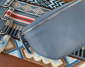 Mittelgroße Jeans Blau Bauchtasche Leder mit Silber Reißverschluss für Frauen, Leder Schultertasche, Crossbody Tasche Gürteltasche mit Riemen