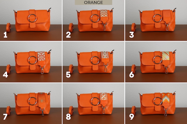 Umhängetasche aus Leder mit extra Gurt, Schultertasche aus Leder, Alltagstasche, Bauchtasche und gemustertem Gürtel Orange