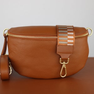 Cognac Brown Belly Bag Leather with Gold Zipper for Women, Leather Shoulder Bag, Crossbody Bag Belt Bag with Strap image 8