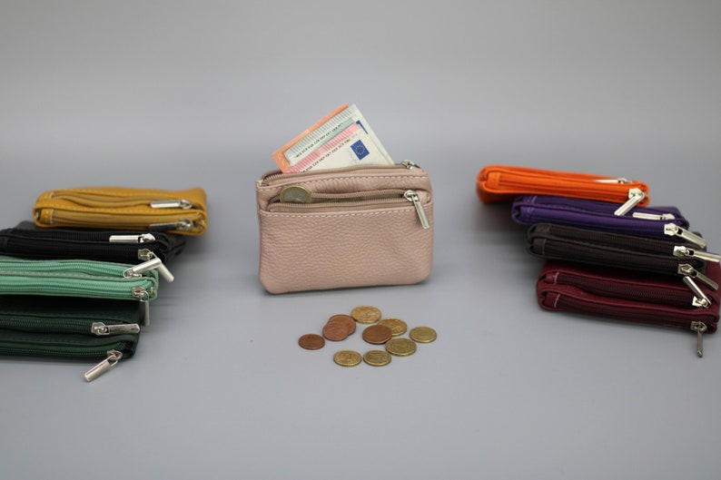 Leren portemonnee met zakken met ritssluiting, handgemaakte leren portemonnee met muntzakje, cadeau voor moeder afbeelding 2