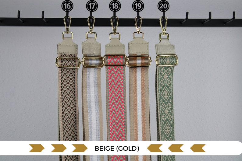 Beige leren riem voor tassen met gouden en zilveren hardware, brede schouderriem, cameratasriemen, stoffen tasriem afbeelding 3