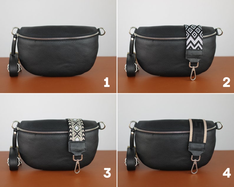 Schwarze Bauchtasche Leder mit Silber Reißverschluss für Frauen, Leder Schultertasche, Crossbody Tasche Gürteltasche mit Riemen Bild 2