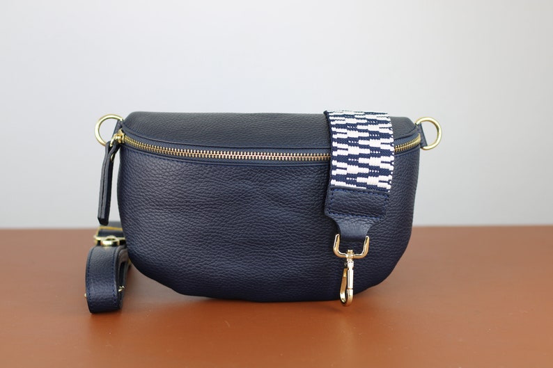 Navy Blue Belly Medium Size Bag with Gold Zipper for Women, Leather Shoulder Bag, Crossbody Bag Belt Bag with Strap Option-4