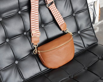 Cognac Brown Belly Bag Leather with Gold Zipper for Women, Leather Shoulder Bag, Crossbody Bag Belt Bag with Strap