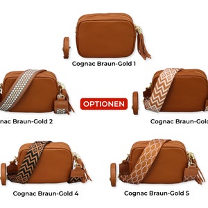 Leren crossbodytas met extra riem, GOUDEN ritssluiting, leren schoudertas, alledaagse tas, heuptasje en riem met patroon Cognac Brown