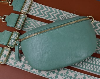 Leather Crossbody Bag for Women Mint Green with Gold Zipper,  Belly Bag with Strap, Genuine Leather Shoulder Bag, Gift for her