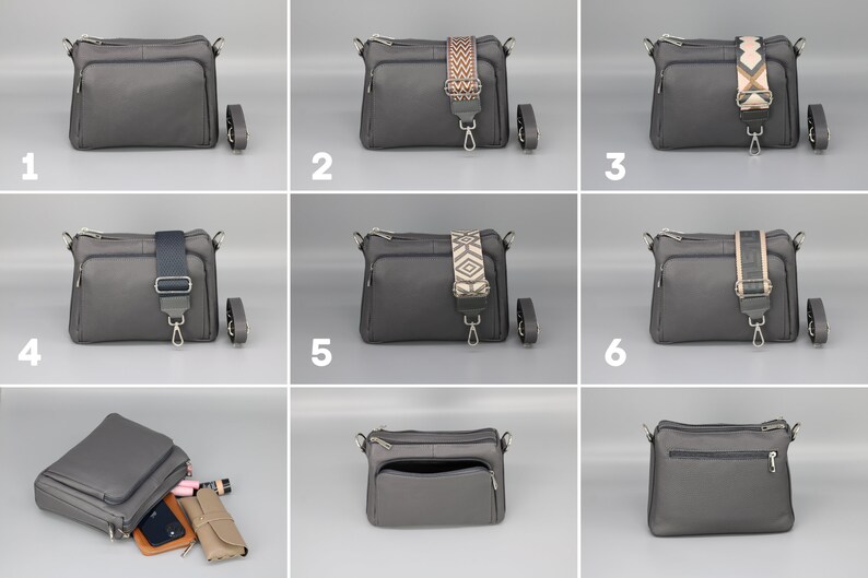 Leder Crossbody Bag mit extra Gurt, Leder Umhängetasche, Alltagstasche, Fanny Pack und gemusterten Gürtel, Geschenk für Sie Dark Gray