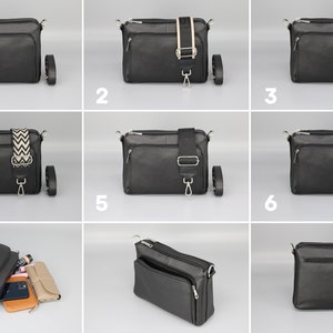 Leder Crossbody Bag mit extra Gurt, Leder Umhängetasche, Alltagstasche, Fanny Pack und gemusterten Gürtel, Geschenk für Sie Black