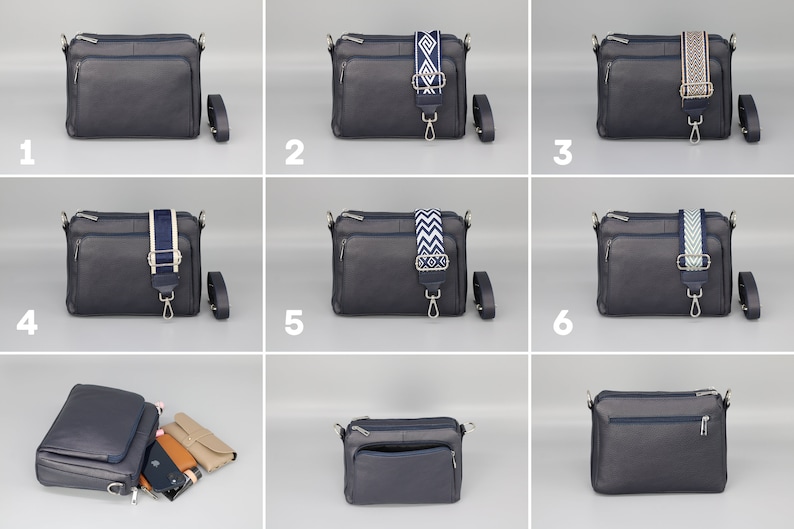 Leder Crossbody Bag mit extra Gurt, Leder Umhängetasche, Alltagstasche, Fanny Pack und gemusterten Gürtel, Geschenk für Sie Navy Blue