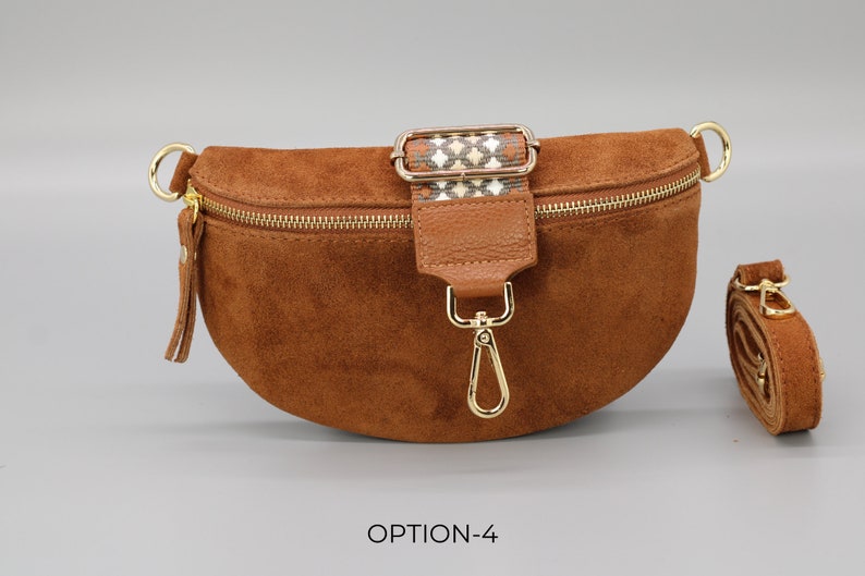 Wildleder Cognac Braune Bauchtasche für Frauen mit Gold Reißverschluss, Bauchtasche mit Riemen, Echtes Leder Umhängetasche, Geschenk für sie Option-4