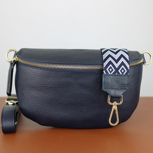 Navy Blue Belly Medium Size Bag with Gold Zipper for Women, Leather Shoulder Bag, Crossbody Bag Belt Bag with Strap Option-3