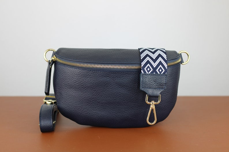 Navy Blue Belly Medium Size Bag with Gold Zipper for Women, Leather Shoulder Bag, Crossbody Bag Belt Bag with Strap Option-3