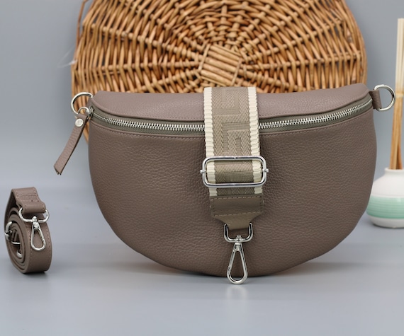 Mud Dark Taupe Leather Belly Bag for Women With Silver 