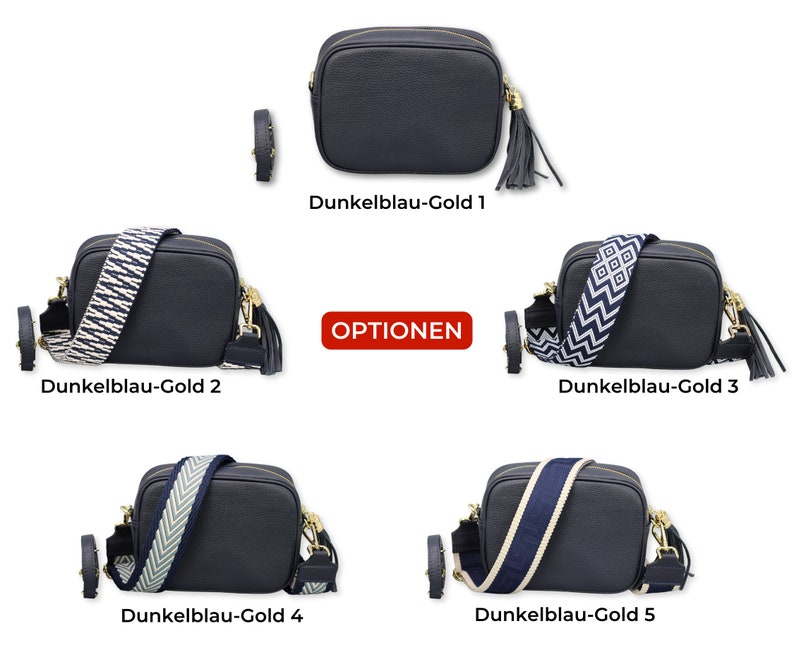 Umhängetasche aus Leder mit extra Gurt, GOLD-Reißverschluss, Umhängetasche aus Leder, Alltagstasche, Bauchtasche und gemustertem Gürtel Dark Blue