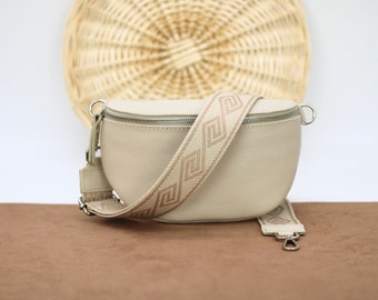 Beige Leder Bauchtasche für Frauen mit Silber-Hardwares, Leder Schultertasche, Crossbody Bag Gürteltasche mit Riemen, Geschenk für Sie