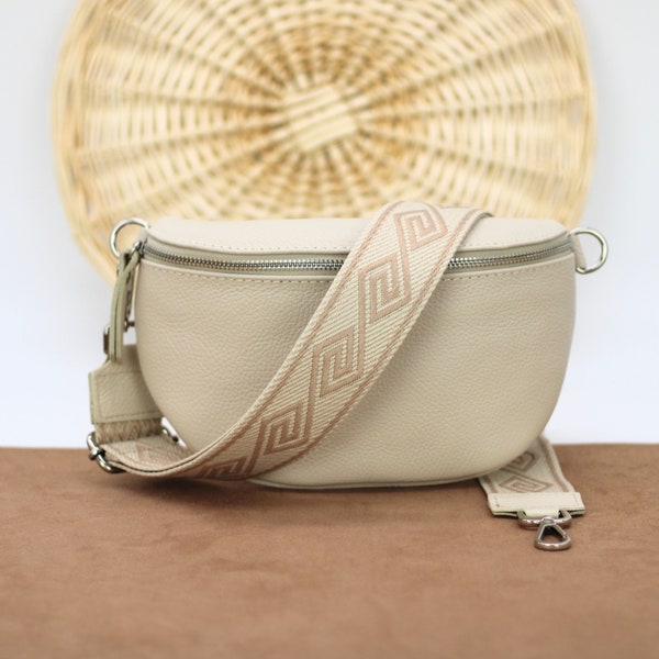 Beige Leather Belly Bag for Women with Silver Hardware, Leather Shoulder Bag, Crossbody Bag Belt Bag with Strap, gift for her