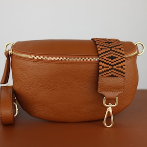 Cognac Brown Belly Bag Leather with Gold Zipper for Women, Leather Shoulder Bag, Crossbody Bag Belt Bag with Strap image 6
