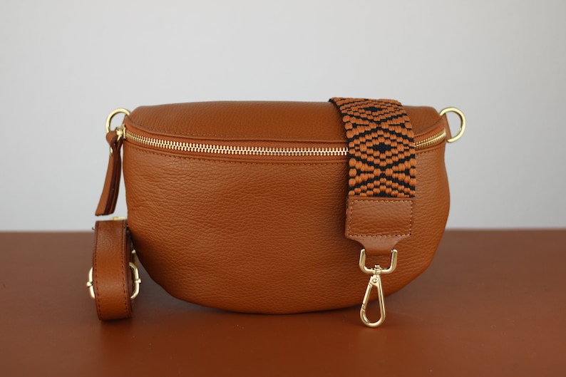 Cognac Brown Belly Bag Leather with Gold Zipper for Women, Leather Shoulder Bag, Crossbody Bag Belt Bag with Strap Option-4