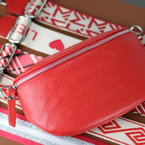 Red Leather Crossbody Bag for Women with Silver Zipper,  Belly Bag with Strap, Genuine Leather Shoulder Bag, Gift for her