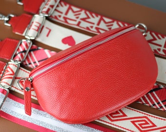 Red Leather Crossbody Bag for Women with Silver Zipper,  Belly Bag with Strap, Genuine Leather Shoulder Bag, Gift for her