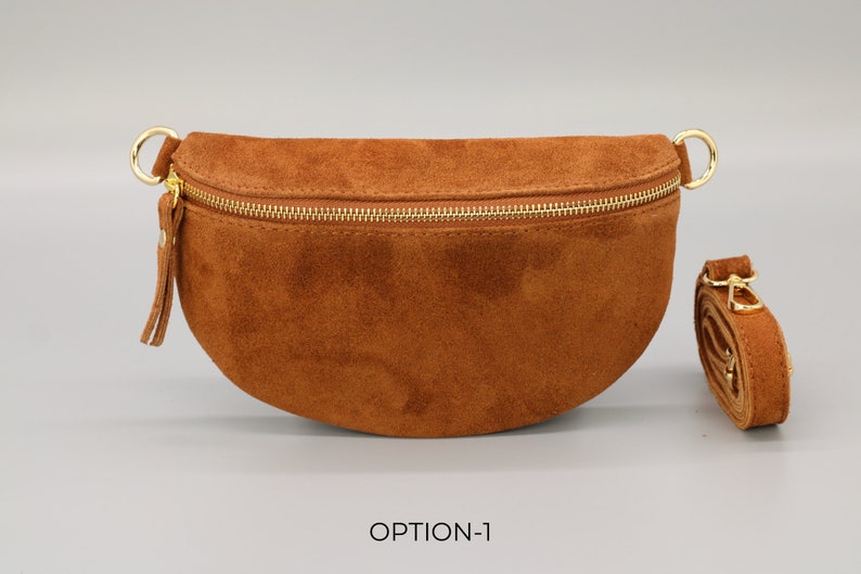 Wildleder Cognac Braune Bauchtasche für Frauen mit Gold Reißverschluss, Bauchtasche mit Riemen, Echtes Leder Umhängetasche, Geschenk für sie Option-1